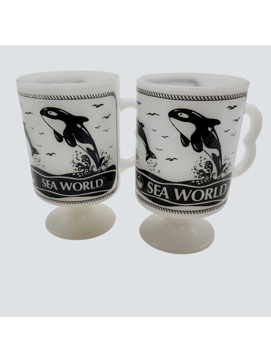Other - Vintage Sea World Footed Milk Glass Mugs Set Of 2 With Orca Whale Design